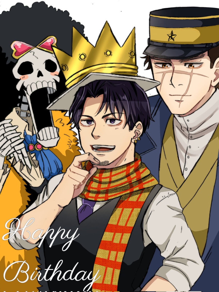3boys afro black_hair blush_stickers borrowed_garments brook_(one_piece) brown_eyes brown_hair character_request earrings facial_hair goatee golden_kamuy happy_birthday hat highres jewelry kepi light_smile male_focus military_hat multiple_boys one_piece ri_(ri_kaos21) safe scar scar_on_cheek scar_on_face scar_on_mouth scar_on_nose scarf short_hair skeleton smile spiky_hair sugimoto_saichi sunglasses vest