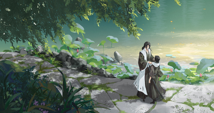 1boy 1girl black_hair bleach haori highres japanese_clothes kuchiki_byakuya kuchiki_rukia lake leaf long_hair long_sleeves looking_at_another ruoruoqiuu safe scenery standing taichou_haori tree water wide_sleeves