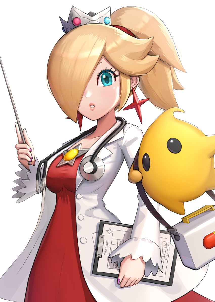 1girl bangs blonde_hair blue_eyes breasts brooch clipboard collarbone crown doctor dress earrings first_aid_kit gonzarez hair_over_one_eye highres holding holding_clipboard holding_wand jewelry lips looking_at_viewer luma_(mario) medium_breasts nail_polish parted_lips pink_lips pink_nails ponytail red_dress rosalina safe star_(symbol) star_brooch star_earrings stethoscope super_mario_bros. wand white_background