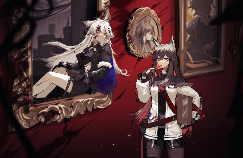 2girls absurdres animal_ear_fluff animal_ears arknights bangs black_capelet black_gloves black_hair black_jacket black_pantyhose black_shirt black_shorts black_skirt blood blood_in_hair blood_on_clothes box capelet cardboard_box carrying carrying_under_arm closed_mouth fingerless_gloves food food_in_mouth gcyngzz gloves grey_eyes hair_between_eyes highres jacket lappland_(arknights) legwear_under_shorts long_hair long_sleeves looking_at_viewer mouth_hold multicolored_hair multiple_girls open_clothes open_jacket pantyhose picture_frame pocky red_hair redhead safe shirt short_shorts shorts skirt smile standing texas_(arknights) two-tone_hair violet_eyes white_hair white_jacket wolf_ears