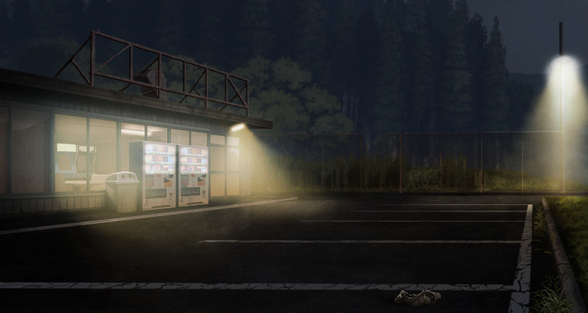 blue_sky choc0_(oda0208) commentary_request forest grass highres lamppost light mountain nature night no_humans original outdoors parking_lot scenery shop sky trash_can vending_machine