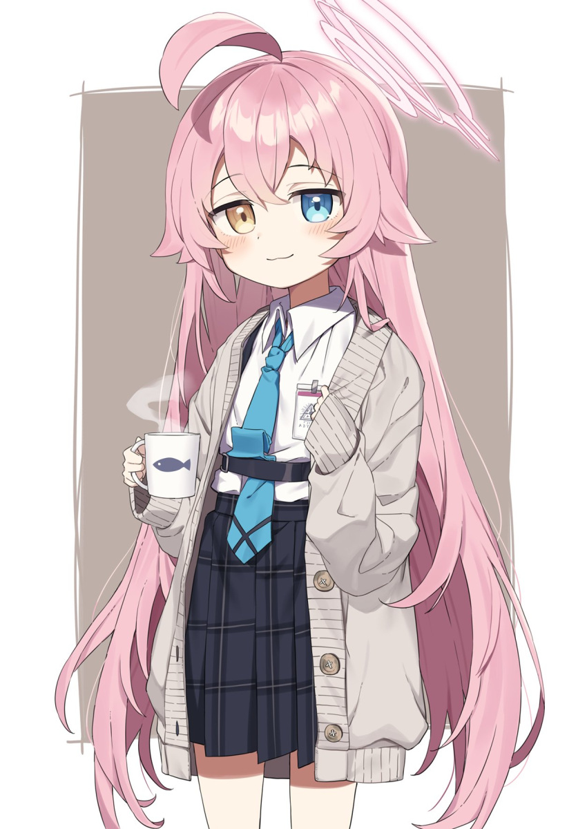 1girl :3 ahoge aqua_necktie bangs blue_archive blue_eyes blue_skirt blush cardigan commentary_request cup eyebrows_visible_through_hair grey_cardigan hair_between_eyes halo heterochromia highres holding holding_cup hoshino_(blue_archive) id_card long_hair long_sleeves looking_at_viewer mug necktie open_cardigan open_clothes pink_hair plaid plaid_skirt pleated_skirt safe shirt skirt sleeves_past_wrists solo steam very_long_hair wagashi928 yellow_eyes