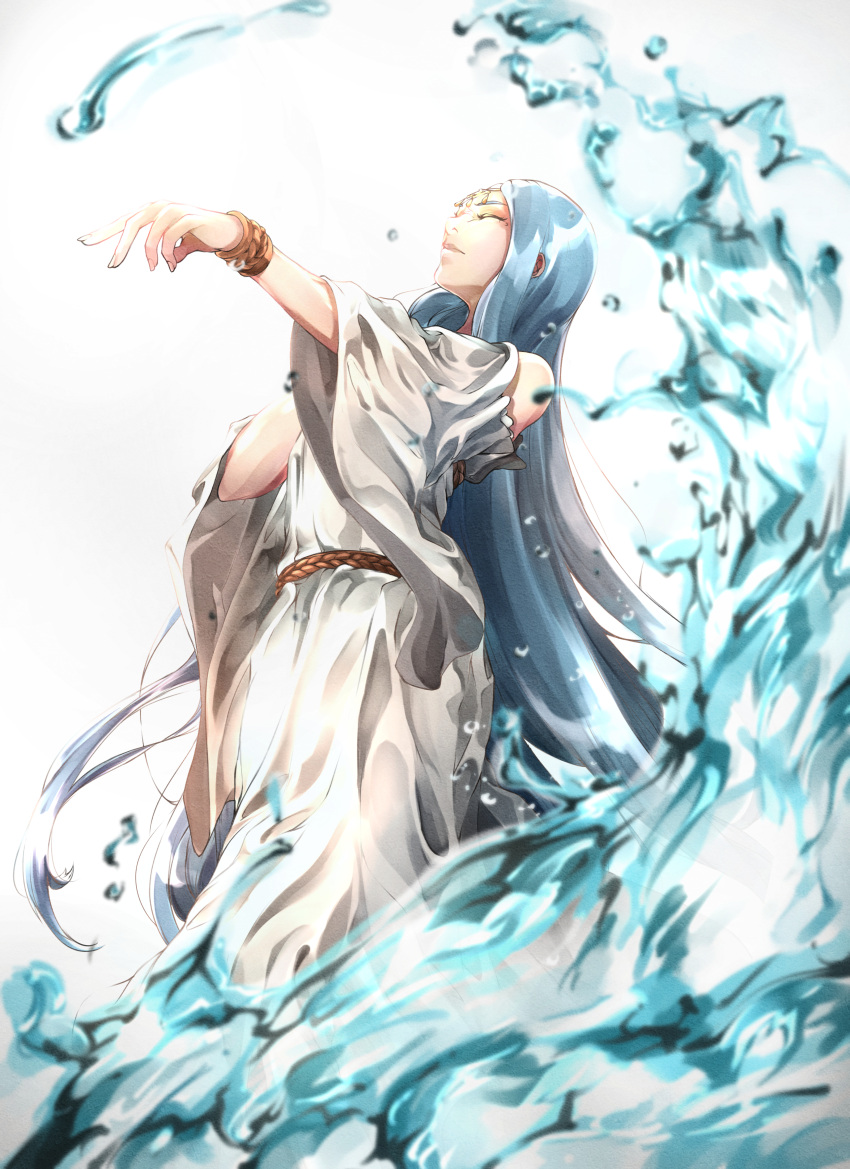 absurdres blue_hair bracelet closed_eyes clothing_cutout dress feet_out_of_frame fingernails flying_witch greek_clothes head_chain highres jewelry long_dress long_hair safe shoulder_cutout solo teppu_tora very_long_hair water white_dress wide_sleeves