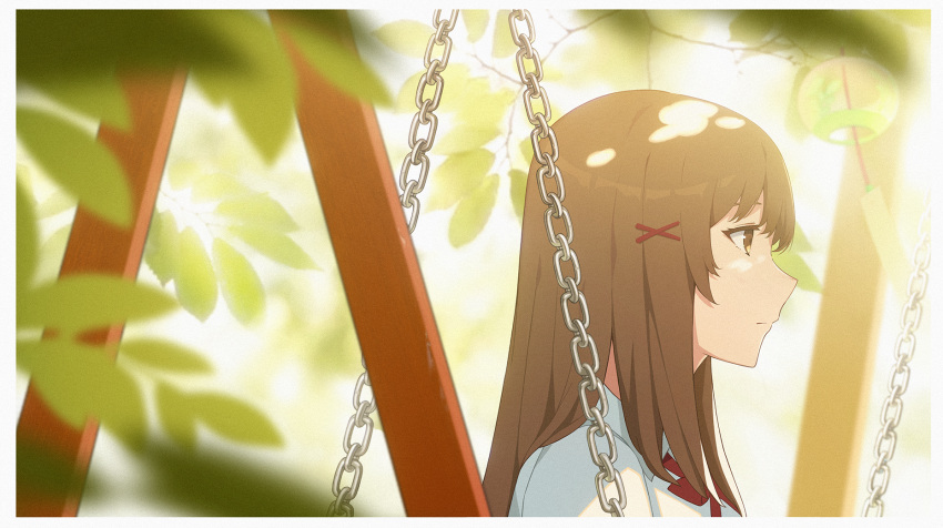 1girl bangs blurry border bow bowtie brown_eyes brown_hair chain chained closed_mouth collared_shirt commentary_request cuffs depth_of_field hair_ornament highres kun_liangkun leaf long_hair original portrait red_bow red_bowtie safe school_uniform shirt solo swing white_border white_shirt x_hair_ornament