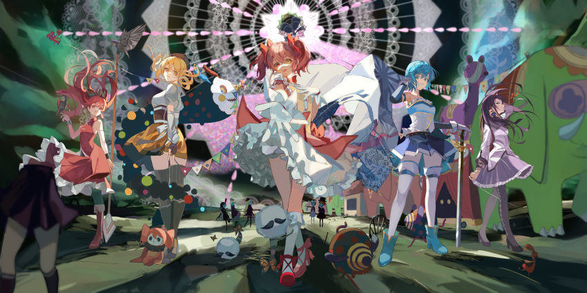 5girls 6+others absurdres akemi_homura alternate_eye_color anthony_(madoka_magica) argyle argyle_legwear bare_shoulders beret black_footwear black_hair black_pantyhose black_thighhighs blonde_hair blue_eyes blue_footwear blue_hair boots brown_eyes bubble_skirt cape character_request charlotte_(madoka_magica) check_character commentary_request corset detached_sleeves dress drill_hair english_commentary frilled_skirt frills full_body gloves gun hair_ornament hairband hairclip hairpin hat high_heels highres holding holding_sword holding_weapon incredibly_absurdres kaname_madoka knee_boots kneehighs long_hair looking_at_viewer magical_girl mahou_shoujo_madoka_magica mathieu_(madoka_magica) miki_sayaka mixed-language_commentary multiple_girls multiple_others pantyhose pink_hair pleated_skirt ponytail puffy_sleeves red_dress red_eyes red_footwear red_hair redhead sakura_kyouko shirasuke_0822 short_hair short_twintails skirt socks spear striped_legwear sword thigh-highs thighhighs tomoe_mami twin_drills twintails vertical_stripes walpurgisnacht_(madoka_magica) weapon white_gloves white_socks white_thighhighs witch_(madoka_magica) yellow_eyes