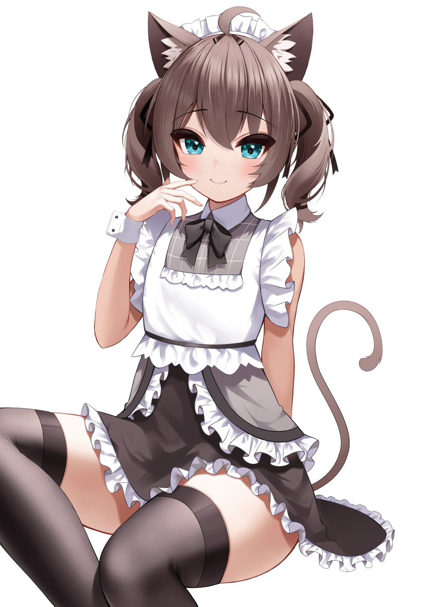 1girl absurdres ahoge animal_ear_fluff animal_ears bangs black_legwear black_ribbon blush bow brown_hair cat_ears cat_tail cuffs dress feet_out_of_frame flat_chest frilled_dress frills green_eyes hair_between_eyes hair_ribbon highres hololive kemonomimi_mode lace-trimmed_skirt lace_trim looking_at_viewer maid maid_headdress medium_hair natsuiro_matsuri plaid plaid_shirt ribbon roina_(effj7473) safe shirt simple_background sitting skindentation skirt sleeveless smile solo tail thighhighs tsurime twintails virtual_youtuber wavy_hair white_background wrist_cuffs