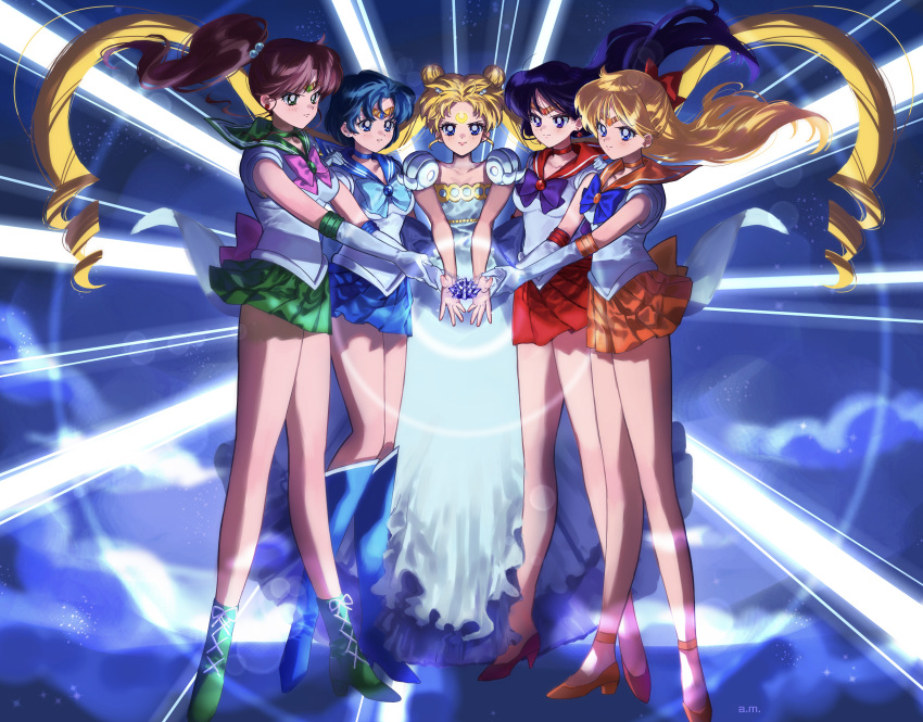 5girls absurdres aino_minako back_bow bangs bare_legs bishoujo_senshi_sailor_moon blonde_hair blue_bow blue_bowtie blue_choker blue_eyes blue_footwear blue_hair blue_sailor_collar blue_skirt blush boots bow bowtie brooch brown_hair choker circlet closed_mouth collarbone collared_shirt commentary crescent crescent_facial_mark double_bun dress earrings elbow_gloves facial_mark floating_hair forehead_mark gem gloves green_choker green_eyes green_footwear green_sailor_collar green_skirt hair_bobbles hair_bun hair_intakes hair_ornament half_updo hand_on_another's_shoulder high_heels high_ponytail highres hino_rei inner_senshi jewelry kino_makoto knee_boots long_hair maboroshi_no_ginzuishou magical_girl miniskirt mizuno_ami multiple_girls ofuda orange_choker orange_footwear orange_sailor_collar orange_skirt p_m_ame parted_bangs pink_bow pleated_skirt ponytail princess_serenity purple_bow purple_bowtie purple_hair red_bow red_choker red_footwear red_sailor_collar red_skirt safe sailor_collar sailor_collar_lift sailor_jupiter sailor_mars sailor_mercury sailor_senshi_uniform sailor_shirt sailor_venus serious shiny shiny_hair shirt short_hair skirt sleeveless sleeveless_shirt standing star_(symbol) tiara tsukino_usagi twintails very_long_hair violet_eyes white_dress white_gloves white_shirt
