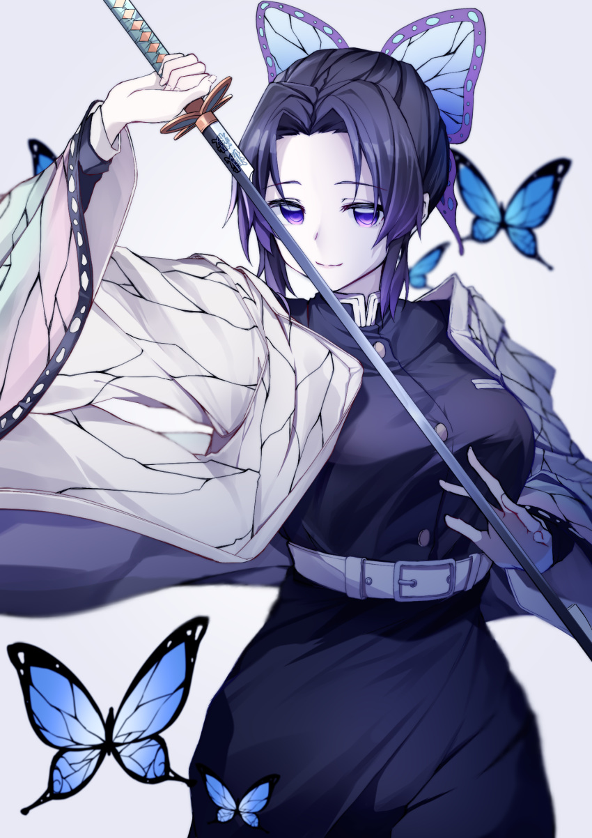 1girl belt belt_buckle black_hair black_jacket black_pants blue_butterfly blurry blurry_background buckle bug butterfly butterfly_hair_ornament closed_mouth cowboy_shot garter_belt gradient gradient_background gradient_hair grey_background hair_intakes hair_ornament haori highres holding holding_sword holding_weapon insect iumi_urura jacket japanese_clothes katana kimetsu_no_yaiba kochou_shinobu long_sleeves military military_uniform multicolored_hair pants purple_eyes purple_hair shiny shiny_hair short_hair_with_long_locks sidelocks smile solo standing sword uniform violet_eyes weapon wide_sleeves