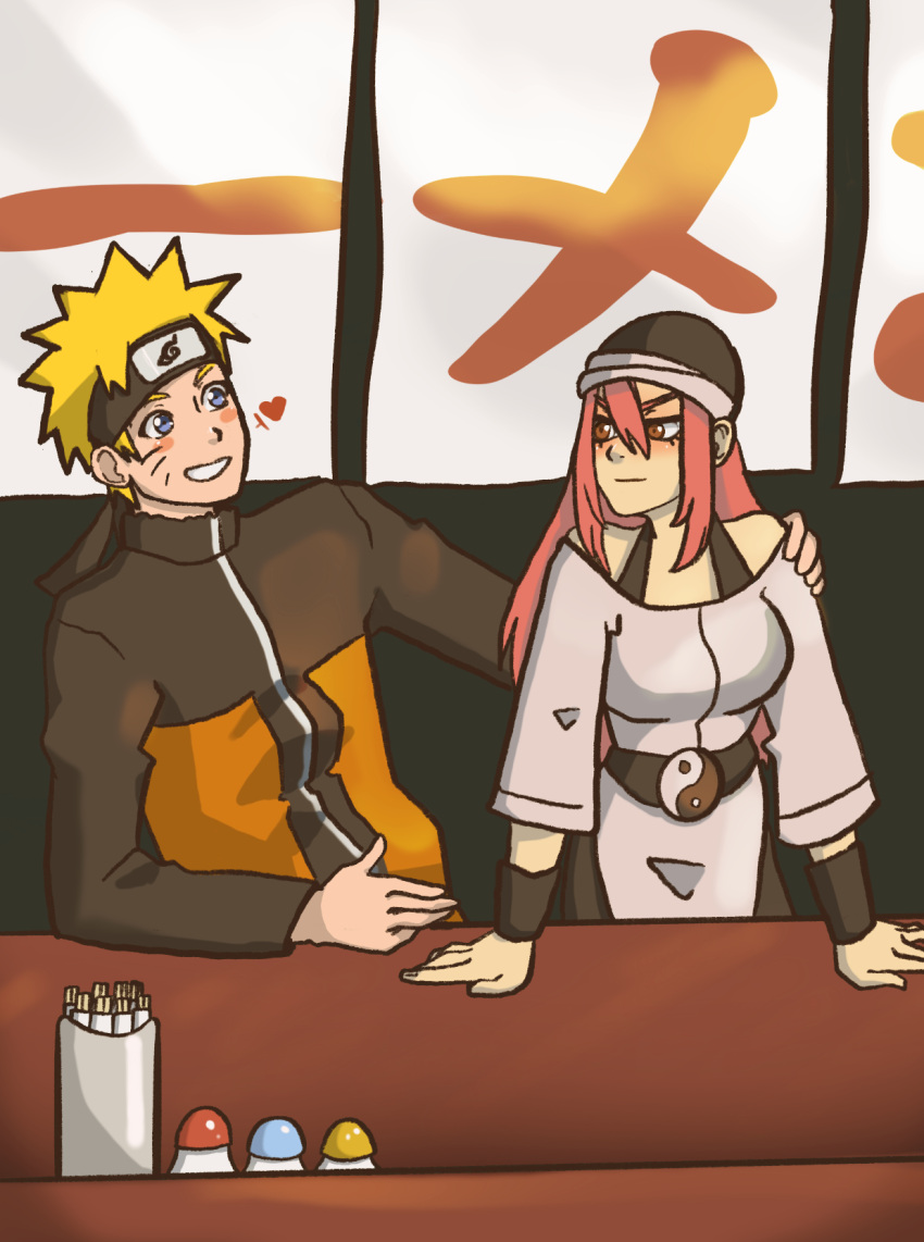 1boy 1girl blonde_hair blue_eyes blush couple facing_another happy highres long_hair looking_at_another naruto_(series) naruto_shippuuden non-web_source redhead safe side-by-side smile tayuya_(naruto) uzumaki_naruto