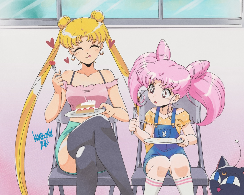 2022 2girls absurdres bishoujo_senshi_sailor_moon blonde_hair blue_eyes bow bra_strap breasts cake cat chair chibi_usa closed_eyes cone_hair_bun crescent crescent_earrings crop_top crossed_legs danmakuman double_bun earrings eating empty_plate fighting folding_chair food fork grabbing_another's_hair green_skirt hair_bun heart highres jewelry kneehighs long_hair looking_at_object looking_to_the_side luna-p medium_breasts midriff miniskirt multiple_girls navel off-shoulder_shirt off_shoulder overalls pencil_skirt pink_eyes pink_hair plate safe shirt signature sitting skirt socks thigh-highs tsukino_usagi twintails very_long_hair window zettai_ryouiki