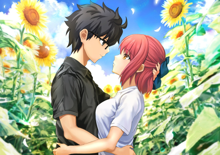 1boy 1girl ahoge black-framed_eyewear black_eyes black_hair black_shirt blue_bow blue_sky bow breasts brown_eyes closed_mouth clouds collared_shirt commentary_request commission day eye_contact field flower flower_field from_side glasses hair_bow half_updo hand_on_another's_head harukey hetero highres imminent_kiss kohaku_(tsukihime) looking_at_another medium_breasts outdoors profile redhead safe shirt short_hair short_sleeves skeb_commission sky sunflower tohno_shiki tsukihime upper_body white_shirt yellow_flower