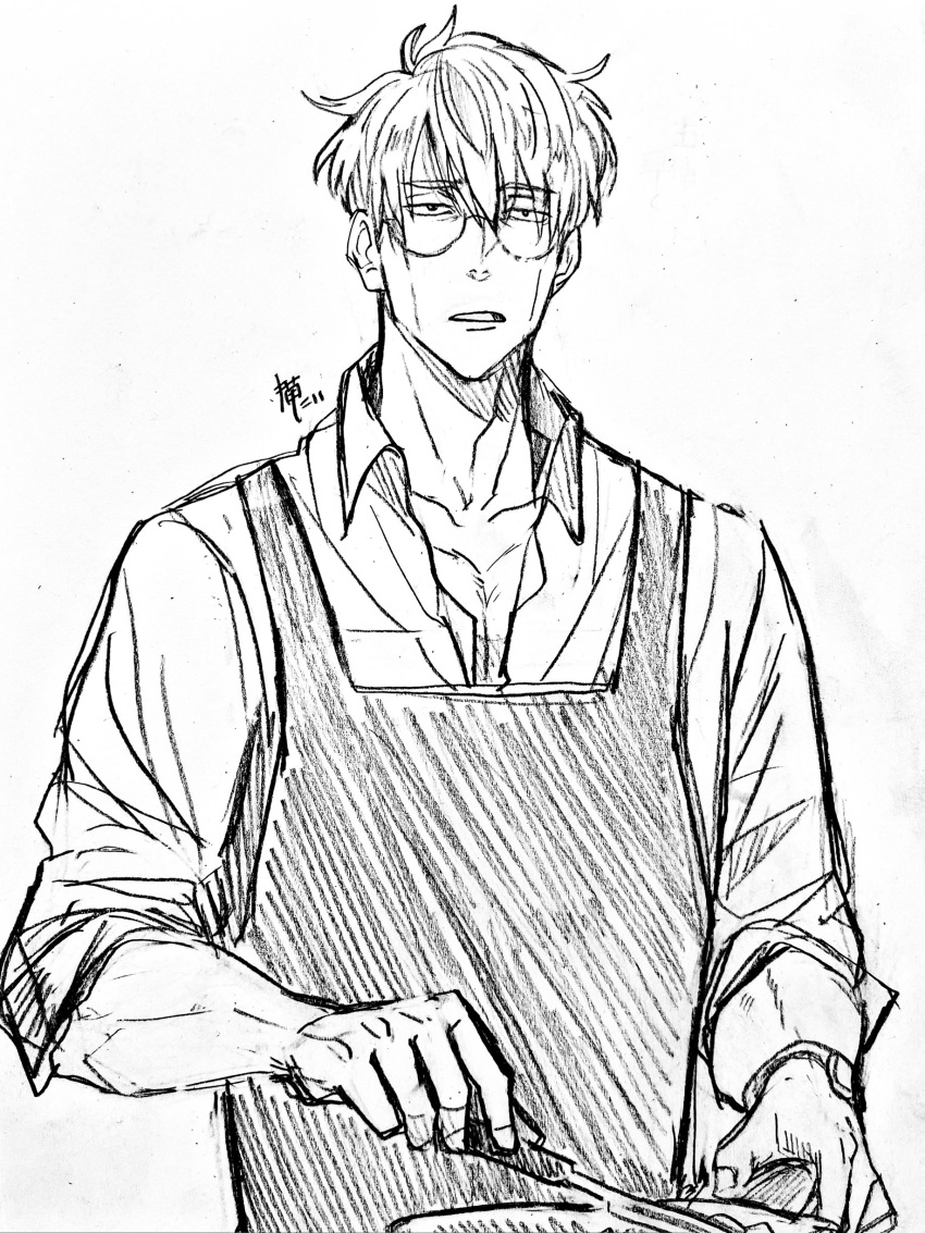 1boy absurdres apron collared_shirt glasses gradient greyscale highres holding jujutsu_kaisen looking_at_viewer male_focus monochrome nanami_kento neconii_oo parted_lips safe shirt short_hair sketch solo standing twitter_username upper_body