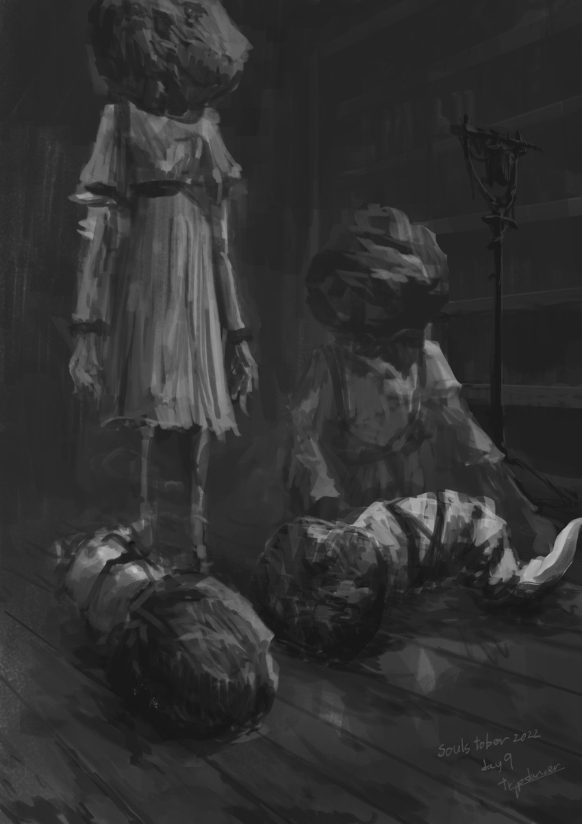 4others ambiguous_gender artist_name bloodborne dress greyscale highres juliet_sleeves long_sleeves lying monochrome multiple_others on_side puffy_sleeves restrained rope safe shelf sitting standing torn_clothes torn_dress tripdancer wooden_floor