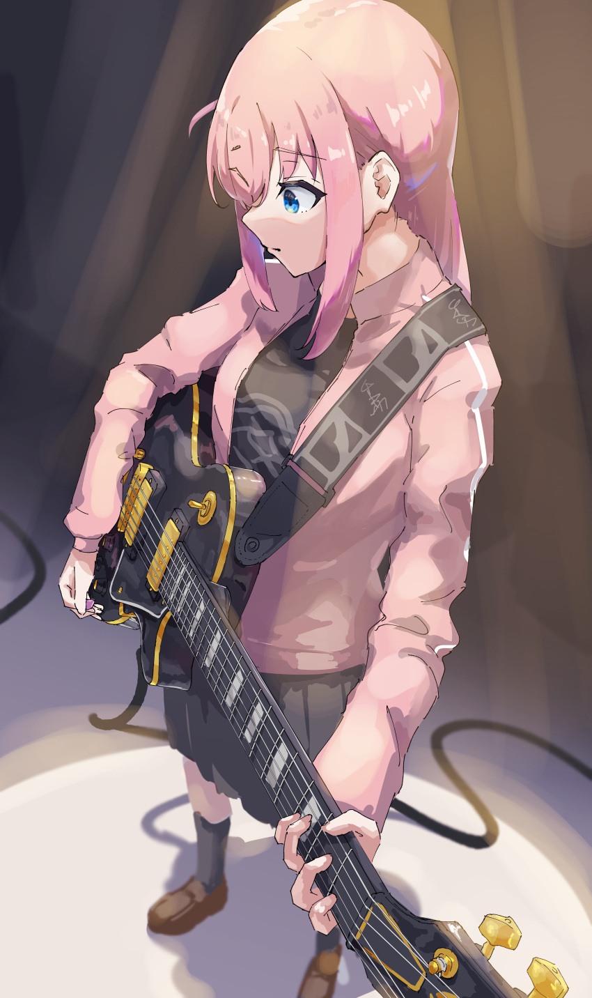 1girl absurdres bangs black_shirt black_skirt black_socks blue_eyes bocchi_the_rock! brown_footwear cable closed_mouth commentary electric_guitar gibson_les_paul gotou_hitori guitar highres holding holding_instrument instrument jacket kneehighs kutotogisu loafers long_hair open_clothes open_jacket pink_hair pleated_skirt shirt shoes skirt socks solo track_jacket