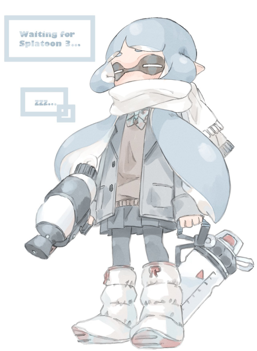1girl bangs blue_hair boots bow bowtie buttons closed_eyes coat domino_mask english_text full_body grey_coat grey_pantyhose grey_skirt highres holding ink_tank_(splatoon) inkling inkling_girl long_hair long_sleeves mask miniskirt pantyhose pleated_skirt plum0o0 pointy_ears scarf simple_background skirt sleeves_past_wrists solo splatoon_(series) splattershot_(splatoon) standing suction_cups super_soaker tentacle_hair unbuttoned white_background white_footwear white_scarf zzz