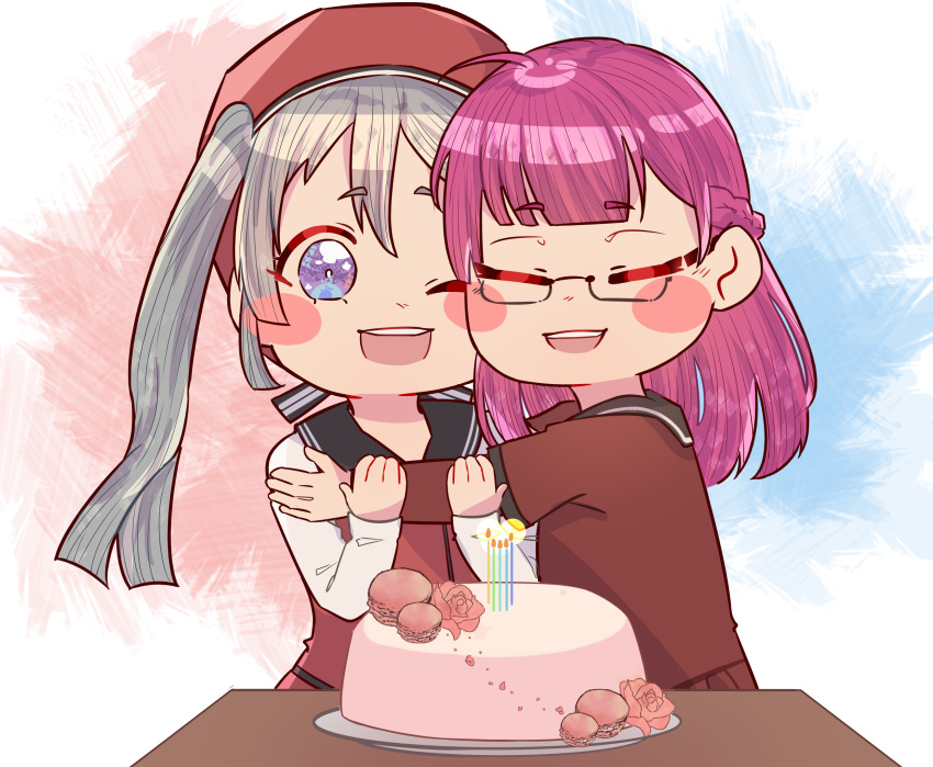 2girls :d absurdres ahoge alt_text asymmetrical_bangs bangs beret birthday_cake black_ribbon blunt_bangs blush_stickers braid cake chibi closed_eyes commentary commission dress english_commentary flower food glasses grey_hair hair_between_eyes hat highres hug layered_sleeves lit_candle long_hair long_sleeves macaron magia_record:_mahou_shoujo_madoka_magica_gaiden mahou_shoujo_madoka_magica mogu_m.g multiple_girls one_eye_closed open_mouth pink_flower pink_hair purple_eyes red_dress red_headwear red_shirt ribbon rose safe sailor_collar sailor_dress sailor_shirt sankyouin_academy_school_uniform school_uniform second-party_source serafuku shirt shirt_under_dress short_over_long_sleeves short_sleeves side_braid sidelocks smile striped striped_ribbon tokime_shizuka tokiwa_nanaka twintails upper_body violet_eyes white_shirt