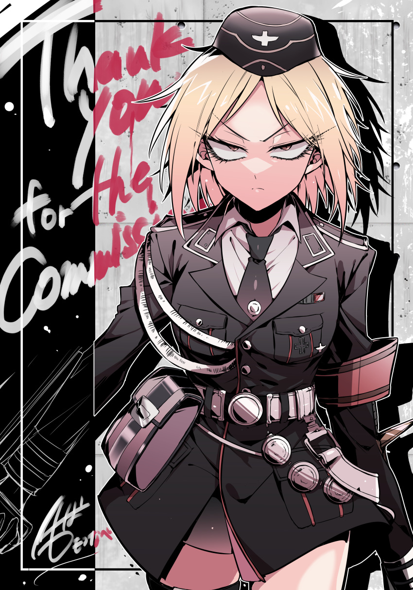 1girl absurdres angry belt blonde_hair breasts brown_eyes commission cowboy_shot erotunabe garrison_cap girls_frontline hat highres long_sleeves looking_at_viewer military military_hat military_uniform mp40_(girls'_frontline) necktie red_armband saber_(weapon) safe shirt short_hair signature skeb_commission solo sword uniform watermark weapon