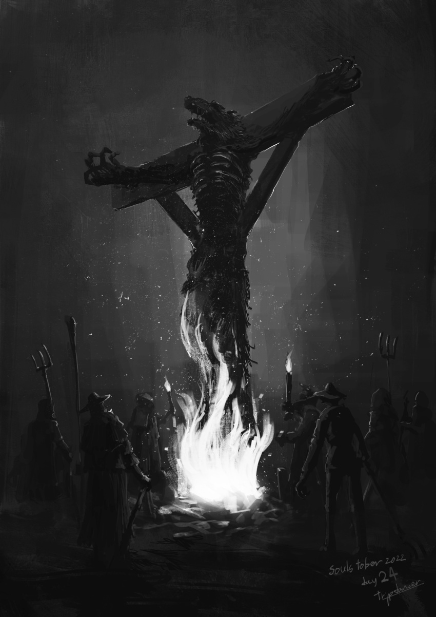 6+boys artist_name bloodborne corpse execution fire greyscale hat highres holding holding_torch holding_weapon long_sleeves monochrome monster multiple_boys open_mouth safe stake standing torch tripdancer weapon werewolf