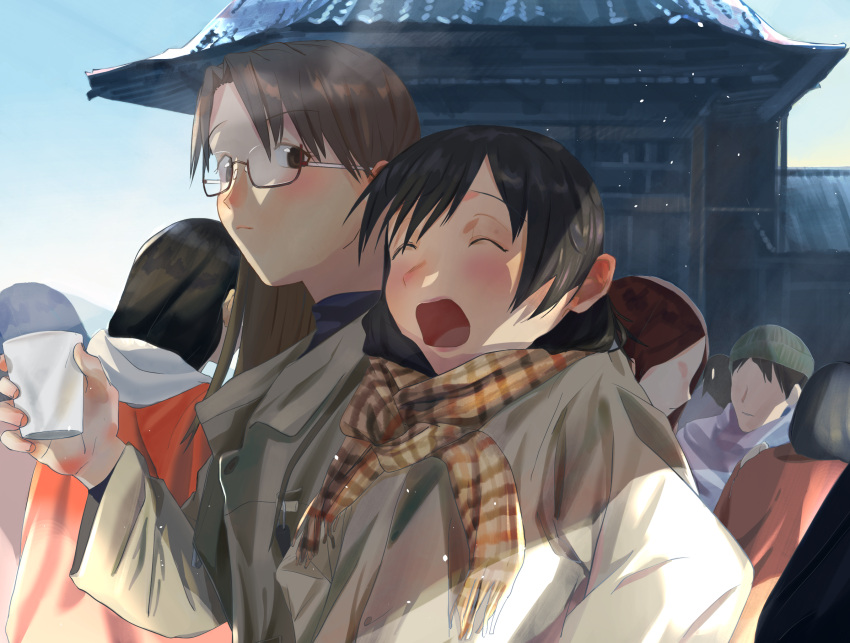 2girls azumanga_daioh black_hair brown_hair closed_eyes coat crowd cup day disposable_cup glasses hat highres holding holding_cup kozuehikaru long_hair long_sleeves mizuhara_koyomi multiple_boys multiple_girls outdoors plaid plaid_scarf scarf short_hair takino_tomo upper_body yawning