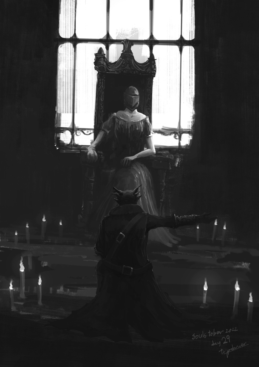 1boy 1girl annalise_queen_of_the_vilebloods bloodborne candle collarbone dress facing_another gloves greyscale hat helm helmet highres hunter_(bloodborne) indoors kneeling monochrome safe short_sleeves sitting throne tricorne tripdancer window