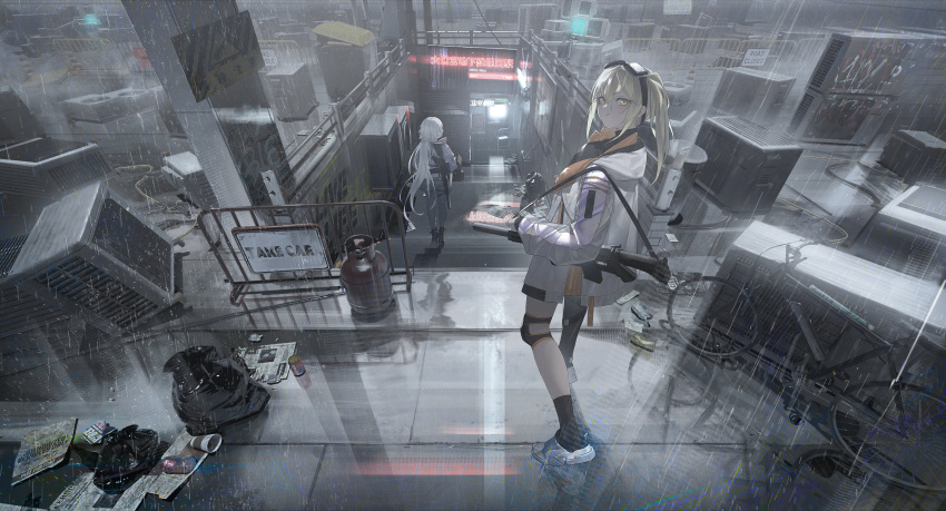 1girl 2girls absurdres bicycle blonde_hair boots city cityscape closed_mouth english_commentary goggles goggles_on_head grey_pants ground_vehicle gun hair_between_eyes highres holding holding_gun holding_weapon jacket knee_pads long_hair long_sleeves looking_at_viewer looking_back multiple_girls neon_lights orange_eyes original pants rain reflection road_sign shoes short_hair sign socks stairs standing tmt trash_bag very_long_hair walking weapon white_hair