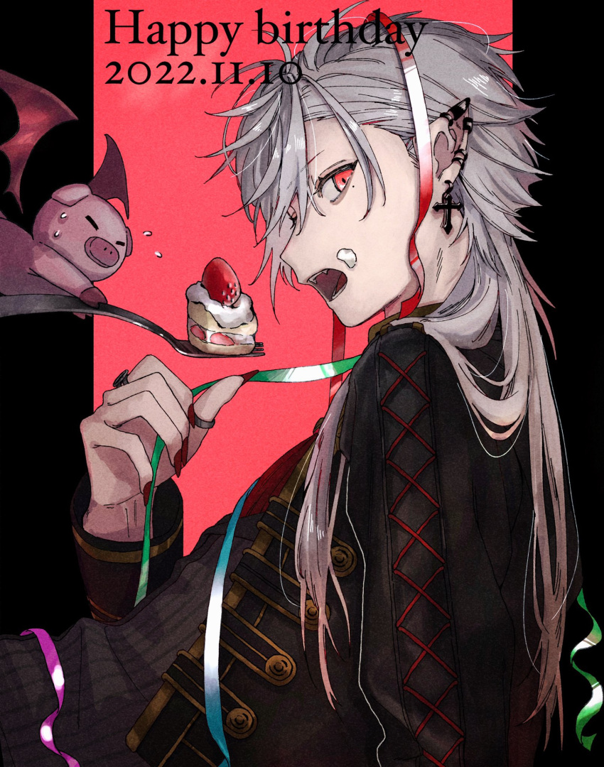 1boy akami_mgr bangs black_background black_jacket buta_(kuzuha) buttons cake commentary_request confetti cross cross-laced_clothes cross_earrings dated ear_piercing earrings eyelashes fangs fingernails flying_sweatdrops food food_on_face fork gold_trim grey_hair hair_between_eyes hand_up happy_birthday highres holding holding_fork jacket jewelry kuzuha_(nijisanji) long_fingernails long_hair long_sleeves looking_at_viewer looking_to_the_side male_focus mole mole_under_eye multicolored_background multiple_rings nail_polish nijisanji open_mouth parted_bangs piercing pig pointy_ears red_background red_eyes red_nails ring safe sharp_fingernails sitting solo streamers teeth tongue upper_body virtual_youtuber wings