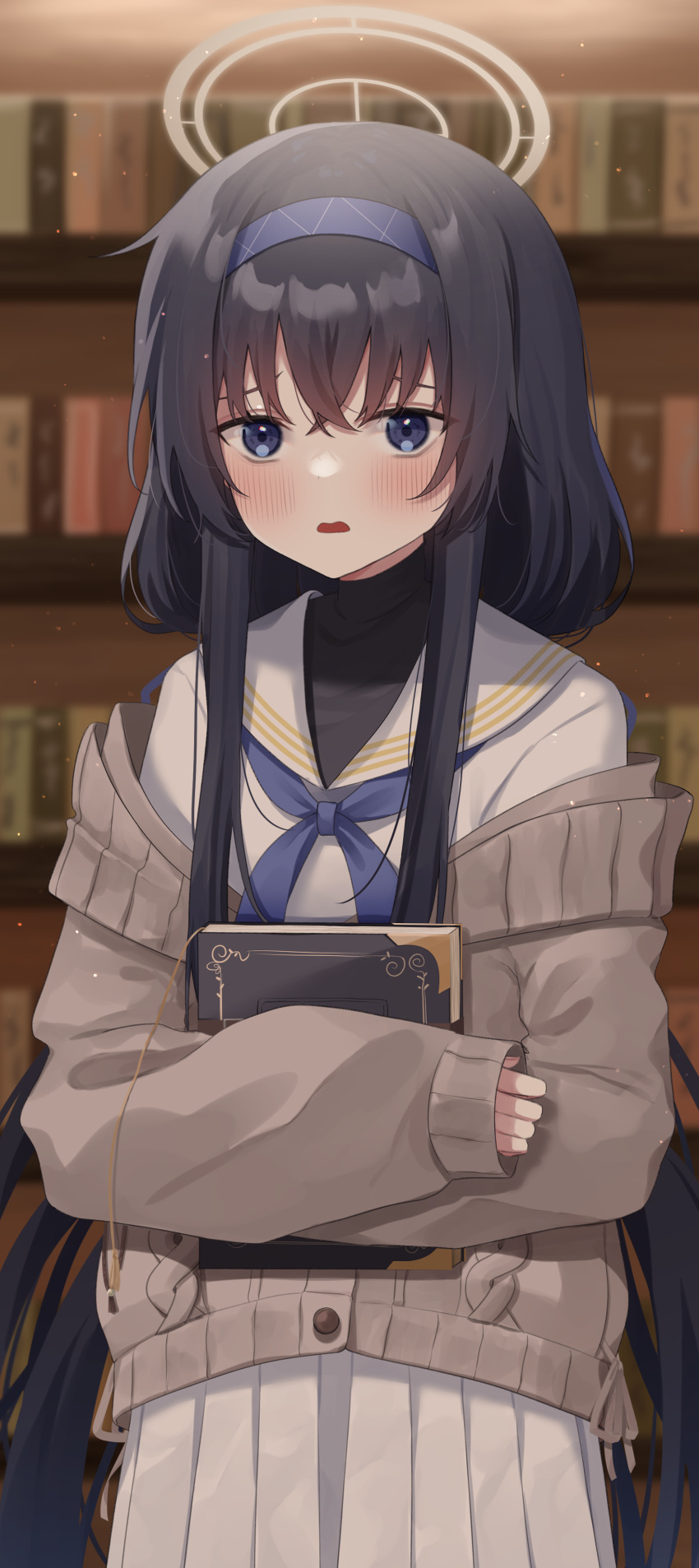 1girl absurdres ahoge bangs black_eyes black_hair blue_archive blurry blush book book_hug bookshelf cardigan commentary_request depth_of_field eyes_visible_through_hair hair_between_eyes hairband halo highres holding holding_book jewelry long_hair long_sleeves looking_at_viewer low_twintails necklace object_hug parted_lips pleated_skirt purple_eyes safe school_uniform serafuku sidelocks skirt solo sweater turtleneck turtleneck_sweater twintails ui_(blue_archive) yuteke_key