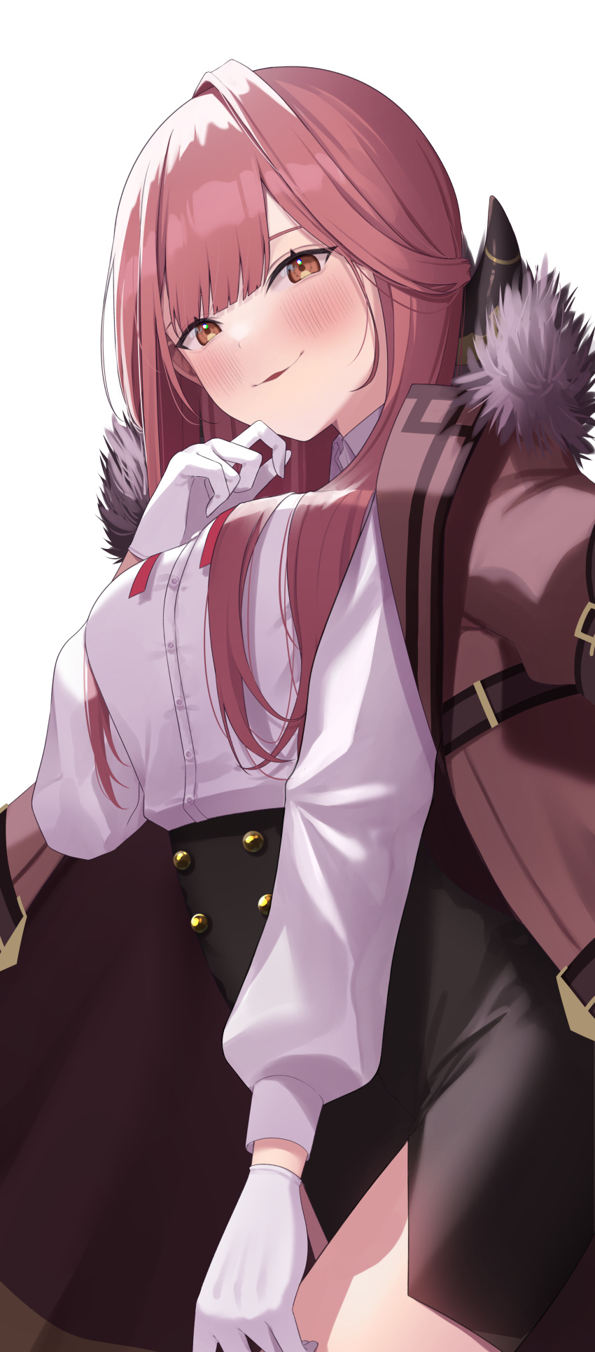 1girl absurdres aru_(blue_archive) bangs blue_archive blunt_bangs blush brown_eyes coat coat_on_shoulders commentary_request demon_girl demon_horns fur-trimmed_coat fur_trim gloves highres horns long_hair long_sleeves looking_at_viewer pink_hair safe school_uniform side_slit sidelocks skirt smile solo white_background white_gloves yuteke_key