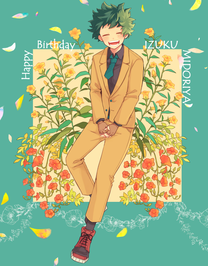 1boy ^_^ ^o^ birthday black_shirt blush_stickers boku_no_hero_academia character_name cherry_blossoms closed_eyes cross-laced_footwear cumatarou dress_shirt facing_viewer falling_petals fingerless_gloves floating_necktie flower freckles full_body gloves green_background green_hair green_necktie happy_birthday highres interlocked_fingers jacket long_sleeves male_focus midoriya_izuku necktie open_mouth outside_border pants petals plant red_flower safe shirt shoes short_hair smile sneakers solo two-tone_background wing_collar yellow_flower yellow_jacket yellow_pants