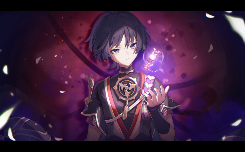 1boy black_hair floating floating_object genshin_impact glowing hair_between_eyes highres kino_(m6t2a) letterboxed looking_at_object male_focus parted_lips petals purple_eyes purple_hair scaramouche_(genshin_impact) short_hair short_sleeves solo violet_eyes