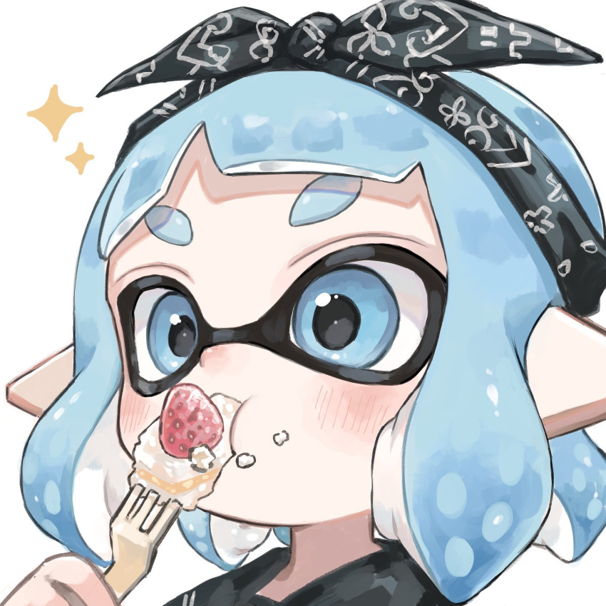 1girl bandana black_bandana black_headwear blue_eyes blue_hair cake eating food food_on_face fork fruit hand_up highres holding holding_fork inkling inkling_girl light_blue_hair mask plum0o0 pointy_ears portrait short_hair simple_background solo sparkle splatoon_(series) strawberry suction_cups tentacle_hair upper_body white_background