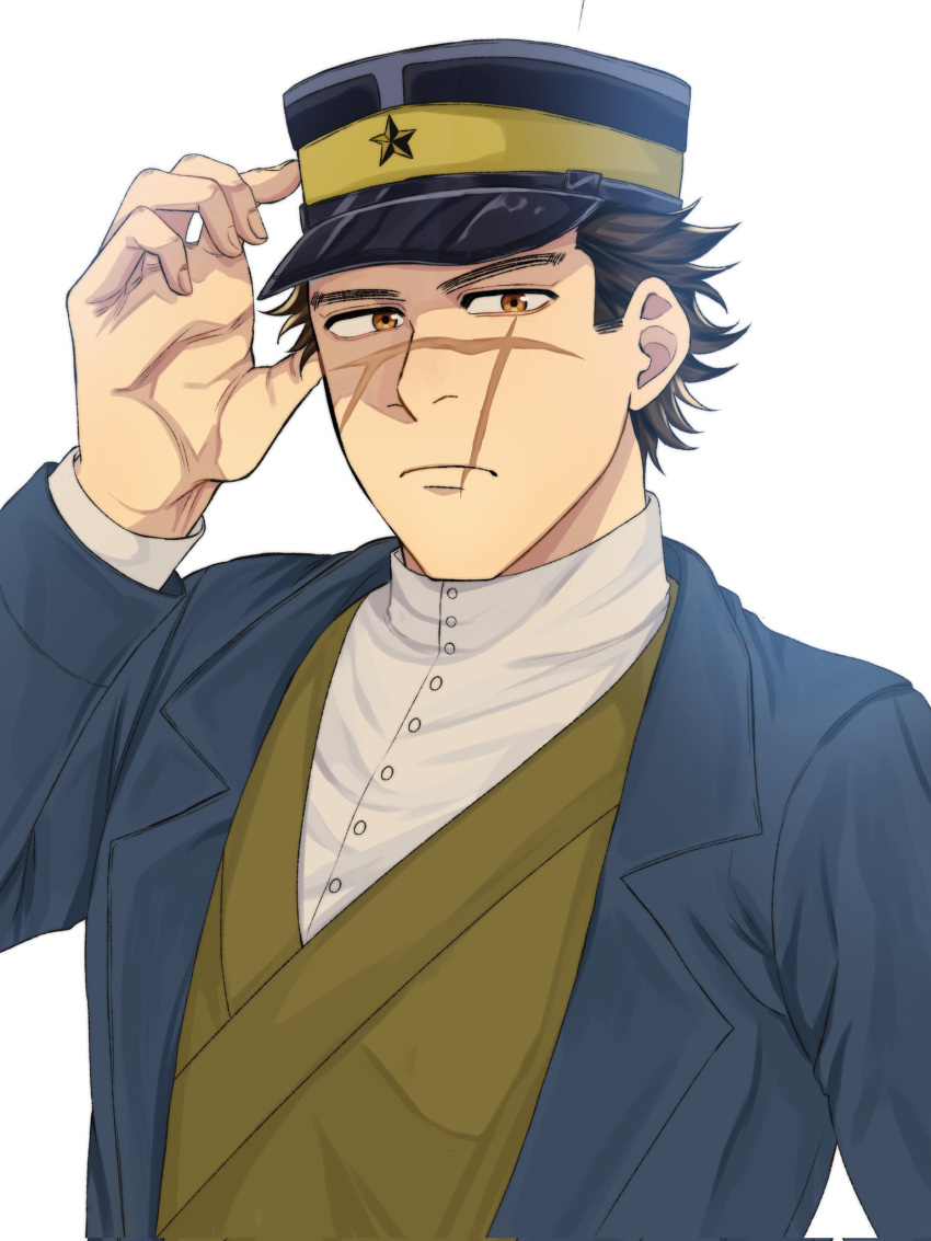 1boy brown_eyes brown_hair expressionless golden_kamuy hand_up hat highres kepi looking_at_viewer male_focus military_hat ri_(ri_kaos21) safe scar scar_on_cheek scar_on_face scar_on_mouth scar_on_nose short_hair solo sugimoto_saichi upper_body