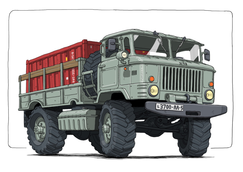 gatling_santouhei gaz-66 ground_vehicle highres license_plate military military_vehicle motor_vehicle no_humans original shipping_container spare_tire truck vehicle_focus