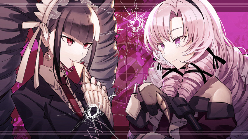 2girls bangs black_gloves black_hairband black_jacket black_ribbon blood blood_splatter brown_hair card celestia_ludenberg center_frills collared_shirt danganronpa:_trigger_happy_havoc danganronpa_(series) drill_hair earrings eye_contact frills gloves gothic_lolita grey_hair gun hair_ribbon hairband hand_up handgun highres holding holding_card holding_gun holding_weapon hyakumantenbara_salome jacket jewelry lolita_fashion long_hair long_sleeves looking_at_another multiple_girls necktie nijisanji pink_blood pink_eyes red_background red_eyes red_necktie ribbon safe shirt shityu smile tress_ribbon twin_drills twintails upper_body virtual_youtuber weapon white_shirt