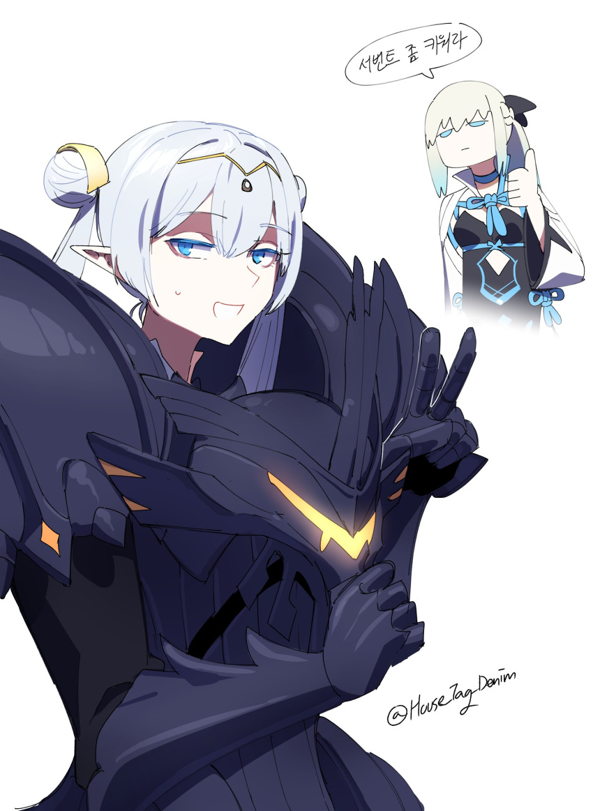 2girls absurdres armor black_armor black_bow blue_eyes bow britomart_(fate) commentary_request double_bun fate/grand_order fate_(series) grey_hair hair_bow hair_bun hair_ornament headwear_removed helmet helmet_removed highres house_tag_denim long_hair looking_at_viewer morgan_le_fay_(fate) multiple_girls pointy_ears signature smile thumbs_up twintails v
