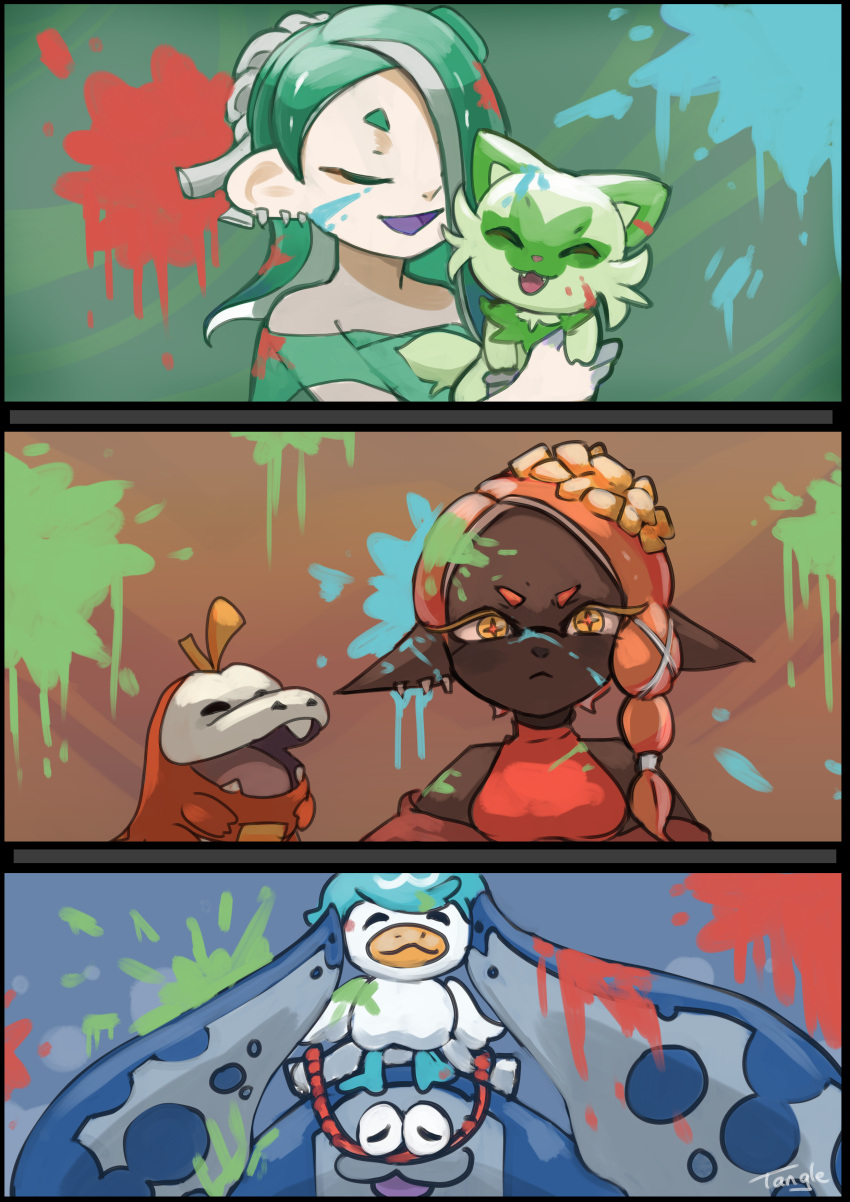 1boy 2girls absurdres alternate_color artist_name bare_shoulders big_man_(splatoon) breasts chest_sarashi closed_eyes closed_mouth colored_eyelashes colored_tongue comic company_connection cross-shaped_pupils crossover dark-skinned_female dark_skin domino_mask earrings food food_on_head frown frye_(splatoon) fuecoco hachimaki hair_over_one_eye headband highres hokkamuri holding holding_pokemon jewelry long_hair manta_ray mask medium_breasts multiple_earrings multiple_girls nejiri_hachimaki object_on_head octarian on_head open_mouth orange_hair orange_pupils paint_splatter paint_splatter_on_face pointy_ears pokemon pokemon_(creature) pokemon_on_head purple_tongue quaxly safe sarashi see-through shiver_(splatoon) silent_comic sleeveless smile splatoon_(series) splatoon_3 sprigatito suction_cups tangle_(pixiv102660396) tempura tentacle_hair v-shaped_eyebrows yellow_eyes