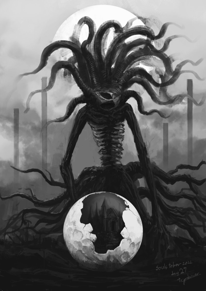 bloodborne broken eldritch_abomination greyscale highres house monochrome monster moon moon_presence no_humans outdoors safe sharp_teeth signature solo tentacles tripdancer