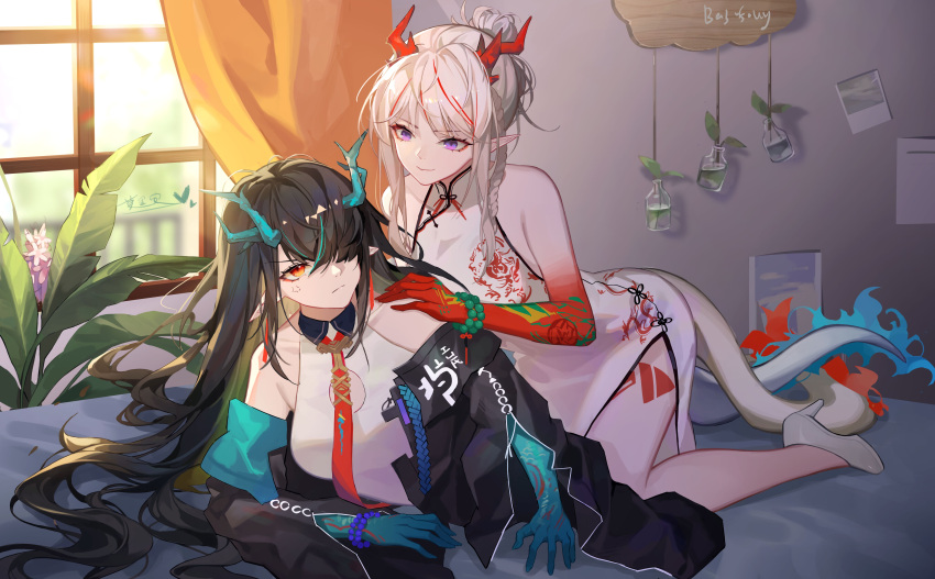 2girls absurdres arknights bangs bare_shoulders bead_bracelet beads black_hair black_jacket blue_hair blue_skin bracelet ch'en_(arknights) china_dress chinese_clothes closed_mouth colored_skin commentary curtains dragon_horns dragon_tail dress dusk_(arknights) flower frown full_body hair_bun hair_over_one_eye hand_on_another's_shoulder highres hip_vent horns jacket jewelry leaf long_hair looking_at_another looking_at_viewer lying lying_on_person medium_hair molianmengdada multicolored_hair multiple_girls nian_(arknights) nian_(unfettered_freedom)_(arknights) off_shoulder on_bed one_eye_covered orange_hair orange_skin photo_(object) pink_flower pointy_ears purple_eyes siblings sidelocks signature sisters sleeveless sleeveless_dress smile streaked_hair sweatdrop tail thighs very_long_hair violet_eyes white_dress white_hair window
