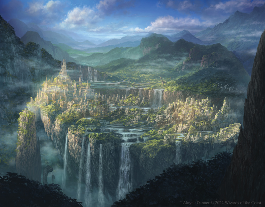 alayna_danner bird_wings blue_sky building cloud commentary day dinosaur english_commentary fantasy grass highres landscape magic magic:_the_gathering mountain mountainous_horizon nature no_humans outdoors prehistoric_animal safe scenery sky tree water waterfall wings