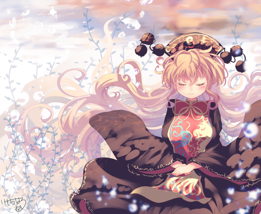 1girl black_dress blonde_hair chinese_clothes dress fox_tail hat highres junko_(touhou) kemo_chiharu long_hair long_sleeves multiple_tails solo tabard tagme tail touhou very_long_hair wide_sleeves
