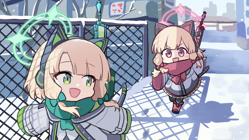 2girls absurdres animal_ears bangs blonde_hair blue_archive bow cat_ears cat_tail green_eyes gun hair_bow halo headset highres jacket multiple_girls open_mouth red_eyes rifle safe scarf siblings smile snow tail thigh-highs twins weapon