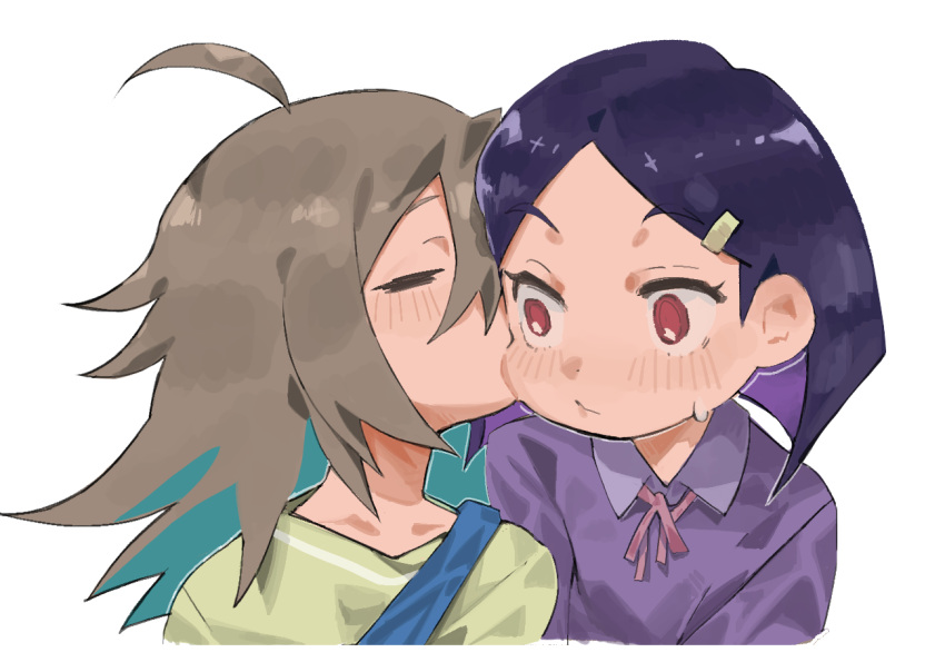 2girls aged_down ahoge aqua_hair black_hair blush brown_hair closed_eyes colored_inner_hair do_it_yourself!! hair_ornament hairclip kiss kissing_cheek messy_hair multicolored_hair multiple_girls purple_hair purple_shirt red_eyes shirt smile suride_miku sweatdrop takao_(88499191) upper_body yellow_shirt yua_serufu yuri