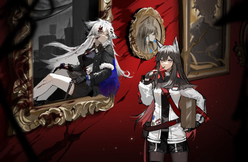 2girls absurdres animal_ear_fluff animal_ears arknights bangs black_capelet black_gloves black_hair black_jacket black_pantyhose black_shirt black_shorts black_skirt blood blood_in_hair blood_on_clothes box capelet cardboard_box carrying carrying_under_arm closed_mouth commentary_request fingerless_gloves food food_in_mouth gcyngzz gloves grey_eyes hair_between_eyes hair_ornament hairclip highres holding jacket lappland_(arknights) legwear_under_shorts long_hair long_sleeves looking_at_viewer mouth_hold multicolored_hair multiple_girls open_clothes open_jacket pantyhose picture_frame pocky red_hair redhead safe shirt short_shorts shorts skirt smile standing texas_(arknights) two-tone_hair violet_eyes white_hair white_jacket wolf_ears