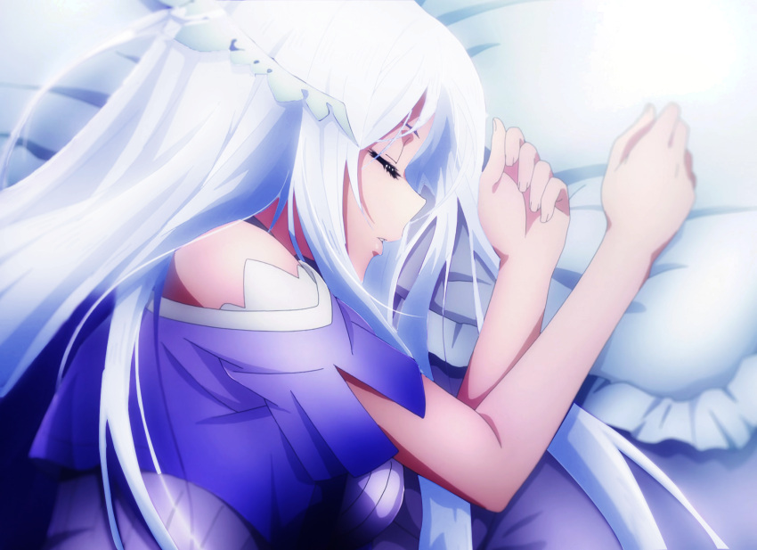 1girl closed_eyes highres long_hair lying on_side parted_lips pillow quinella short_sleeves sleeping solo sword_art_online sword_art_online:_alicization upper_body user_cycx2445 white_hair