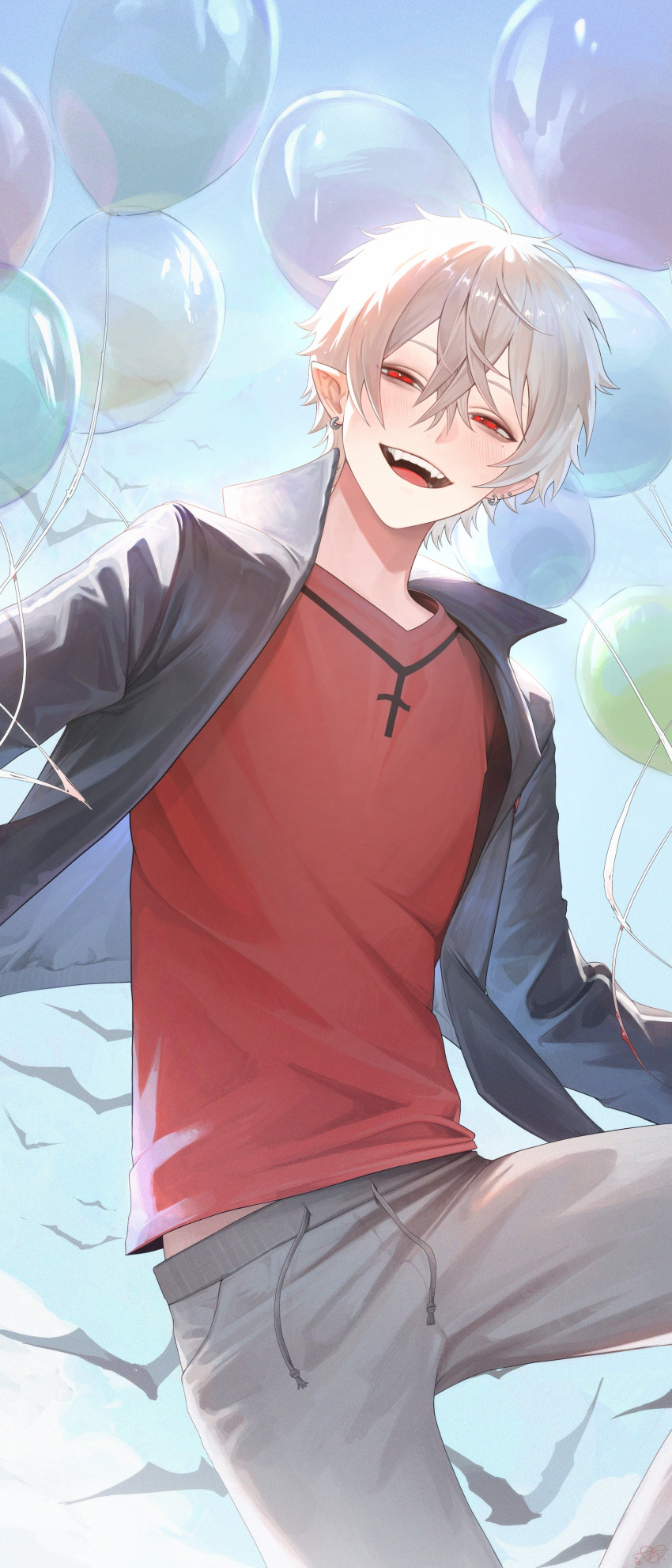 1boy absurdres balloon bangs bat_(animal) black_jacket blue_sky blush casual clouds collared_jacket commentary_request cross cross_necklace crossed_bangs day drawstring ear_piercing earrings fangs grey_pants hair_between_eyes high_collar highres jacket jewelry kuzuha_(nijisanji) long_sleeves looking_at_viewer male_focus mole mole_under_eye necklace nijisanji open_clothes open_jacket open_mouth outdoors pants piercing pointy_ears red_eyes red_shirt rim_(kyorin) safe shiny shiny_hair shirt short_hair sky smile solo standing teeth tongue virtual_youtuber white_hair