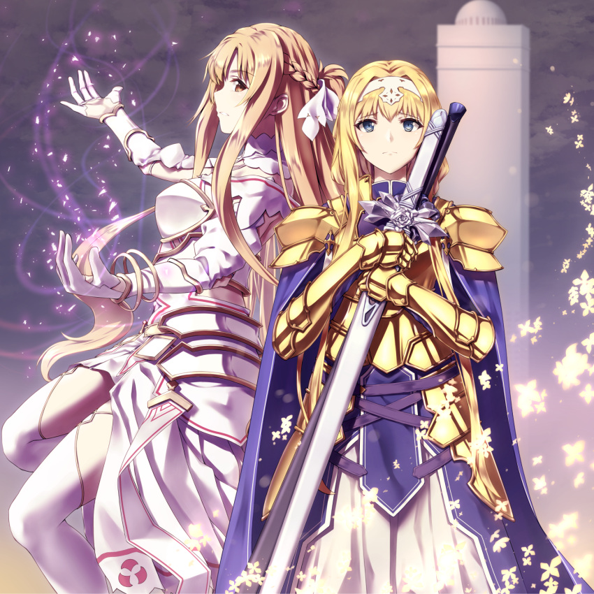 2girls alice_schuberg alice_zuberg armor armored_dress asuna_(stacia) blonde_hair blue_dress blue_eyes blue_rose_sword bracelet breastplate brown_eyes cape closed_mouth clouds cloudy_sky crown dress enchuu_kakiemon floating_hair gauntlets gloves hairband highres holding_sword jewelry long_hair multiple_girls outdoors sheath sheathed shiny shiny_hair shoulder_armor skirt skirt_under_dress sky standing sword sword_art_online sword_art_online:_alicization thigh-highs very_long_hair weapon white_dress white_gloves white_hairband white_skirt white_thighhighs