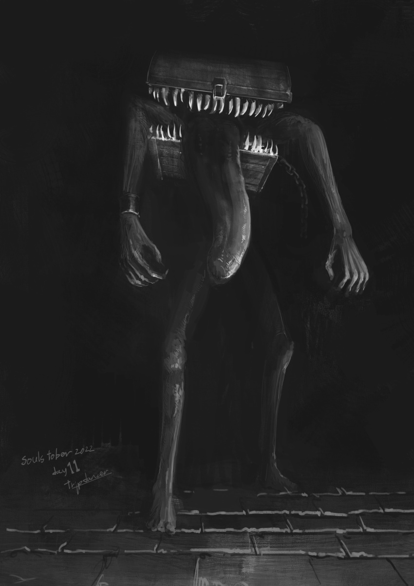 artist_name chain chest_(furniture) dark_souls_(series) full_body greyscale highres long_tongue mimic_(dark_souls) monochrome monster no_humans safe sharp_teeth standing stone_floor teeth tongue tongue_out tripdancer