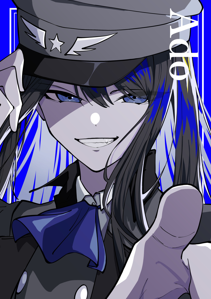 1girl absurdres ado_(singer) ascot black_hair black_headwear blue_ascot blue_background blue_eyes blue_theme buttons character_name double-breasted freedom_(ado) grey_headwear grin hair_between_eyes hand_on_headwear hat highres limited_palette long_hair looking_at_viewer nanasy_gnb narrowed_eyes peaked_cap pointing pointing_at_viewer portrait safe smile solo