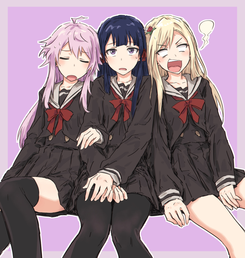 3girls =_= ahoge arm_at_side bangs between_legs black_pantyhose black_thighhighs blank_eyes blonde_hair blue_hair blunt_bangs blush border bow bowtie brown_dress buttons closed_eyes collarbone cropped_jacket dress exhausted feet_out_of_frame flower furukawa_wanosuke girl_sandwich giving_up_the_ghost grey_border hair_flower hair_ornament hair_ribbon hand_between_legs hand_on_another's_arm hand_up hands_on_lap highres invisible_chair knees_together_feet_apart long_hair long_sleeves looking_at_viewer multiple_girls open_mouth otonashi_ichie outline outside_border own_hands_together pantyhose parted_lips pleated_dress purple_background purple_hair raised_eyebrows red_bow red_bowtie red_flower red_ribbon ribbon rinmeikan_girls_school_uniform sailor_collar sandwiched school_uniform serafuku short_dress shoujo_kageki_revue_starlight shoujo_kageki_revue_starlight_-re_live- side-by-side sidelocks simple_background sitting sweat sweatdrop swept_bangs teeth thigh-highs thighhighs tomoe_tamao upper_teeth v-shaped_eyebrows violet_eyes wavy_mouth white_outline white_sailor_collar yumeoji_fumi zettai_ryouiki
