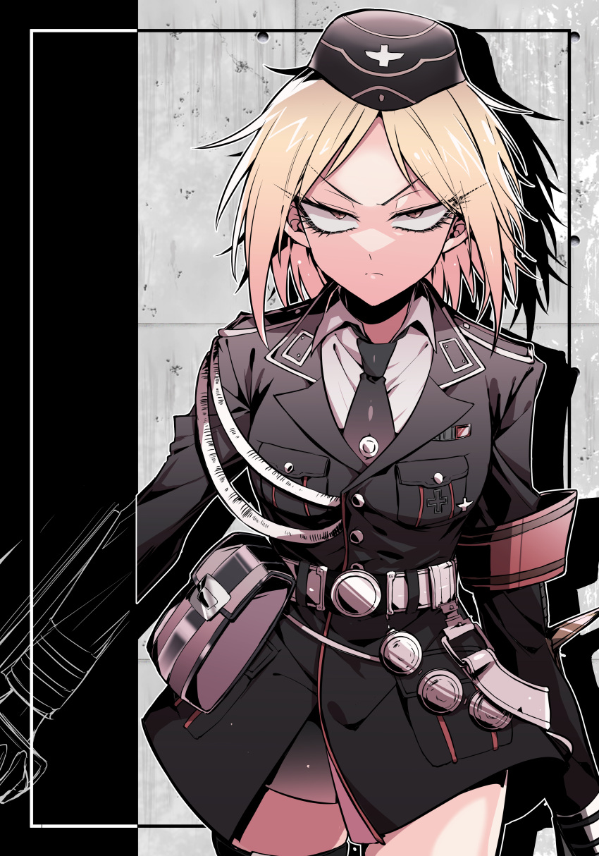 1girl absurdres angry belt blonde_hair breasts brown_eyes commission cowboy_shot erotunabe garrison_cap girls_frontline hat highres long_sleeves looking_at_viewer military military_hat military_uniform mp40_(girls'_frontline) necktie red_armband saber_(weapon) safe shirt short_hair skeb_commission solo sword third-party_edit uniform weapon